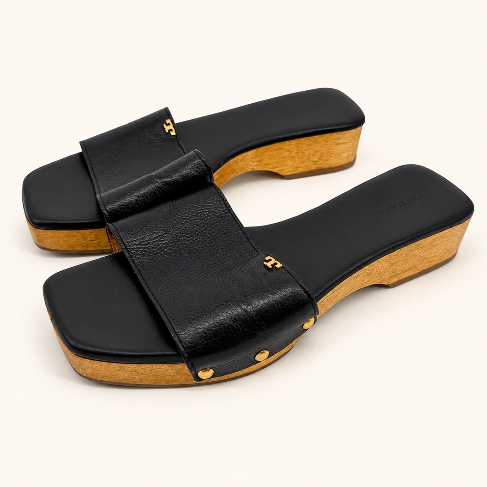 Tory Burch $298 Black Leather Clogs Sandals 9.5 Quiet Luxury Resort Capsule Chic